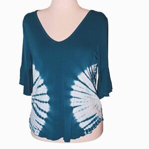 NEW Chaser Tie-Dye V-Neck Top  Three-Quarter Bell Sleeves In Teal‎ Blue, Size M
